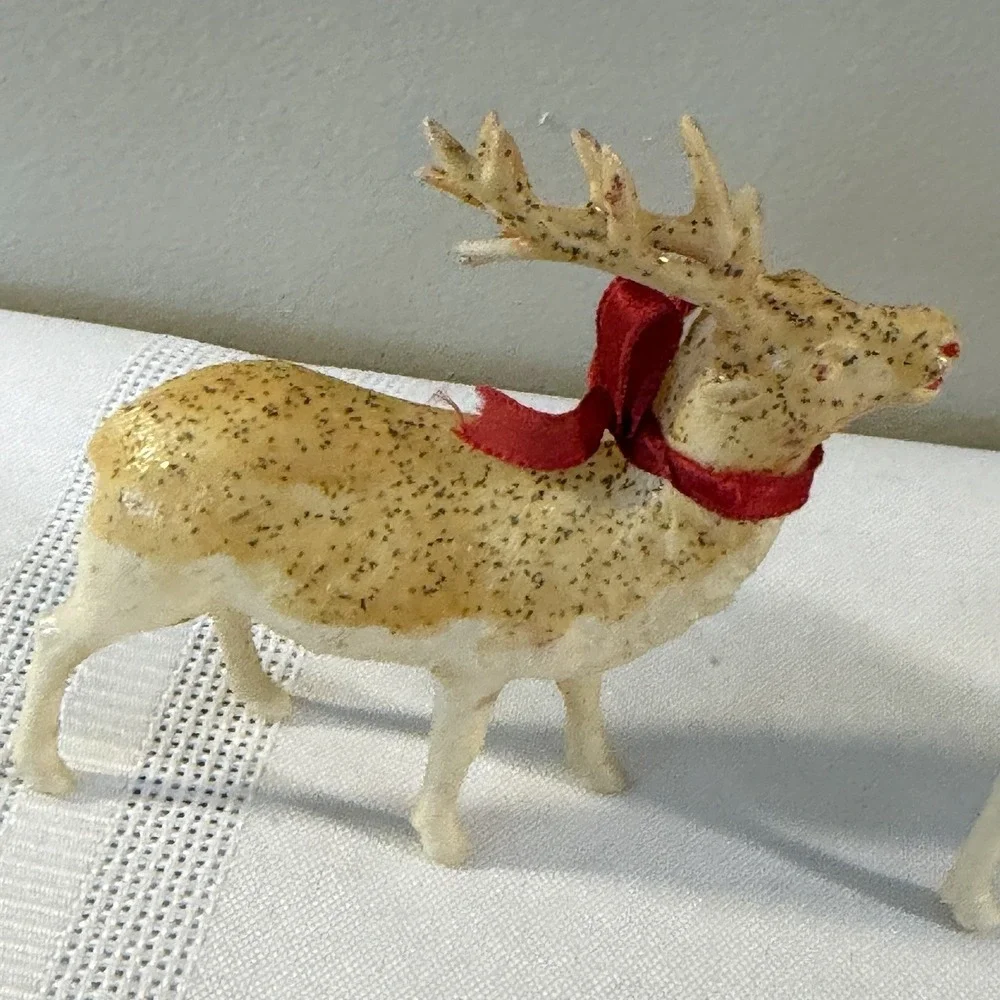 2 Thin Celluloid 1950's Reindeers Japan Christmas Figurine 3.5